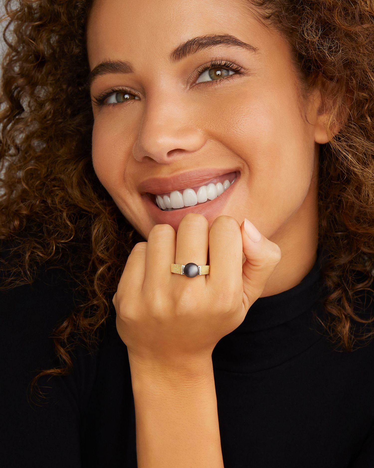 18K Yellow Gold & Sterling Silver Luna Black Tahitian Pearl Caviar Bead Ring