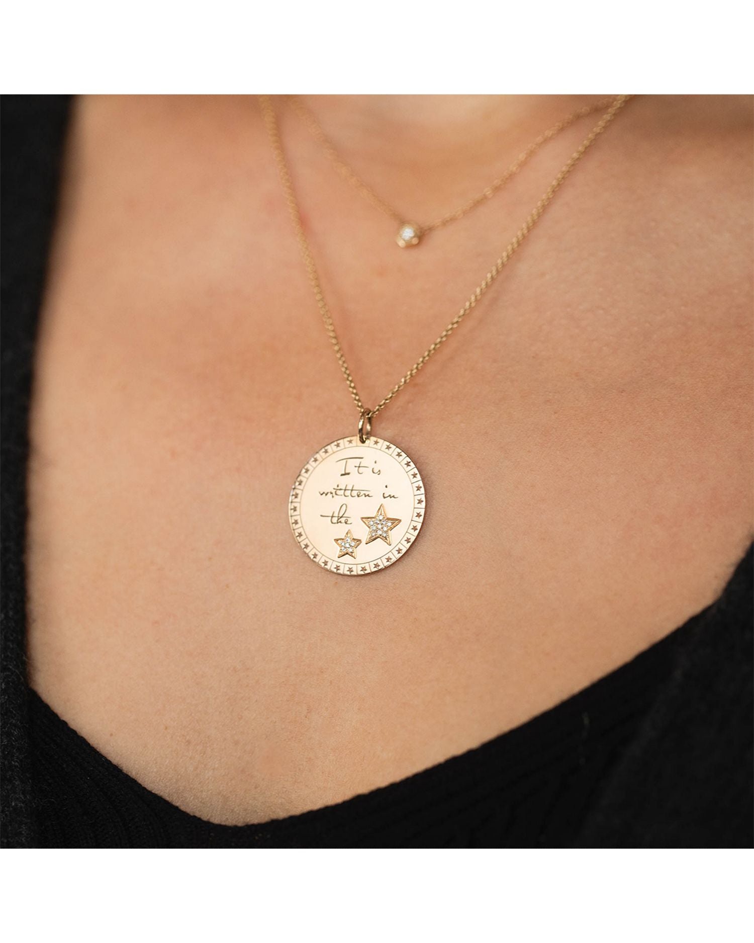 14K Yellow Gold Diamond 'It's Written in the Stars' Mantra Disc Pendant Necklace, 16-18'