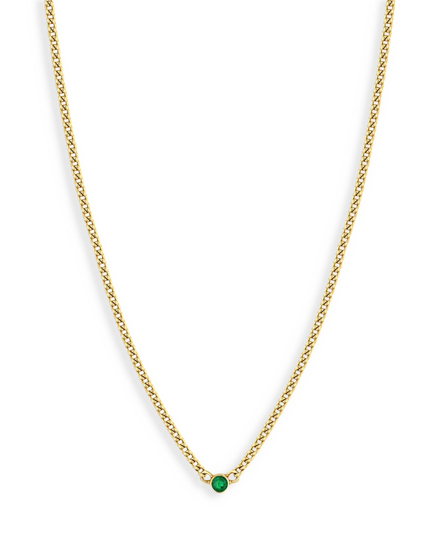 14K Yellow Gold Emerald Solitaire Chain Choker Necklace, 14-16'