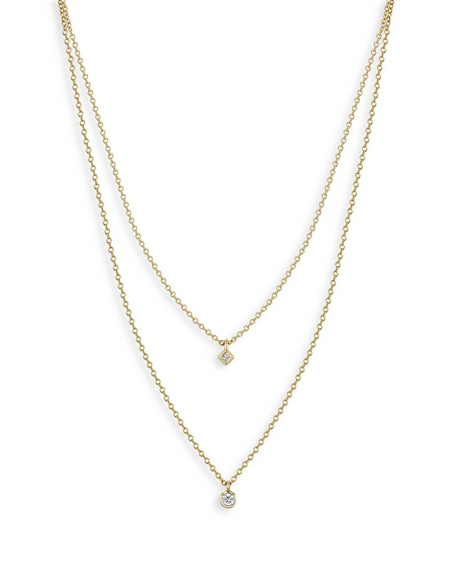 14K Yellow Gold Diamond Princess & Round Layered Pendant Necklace, 16-18'