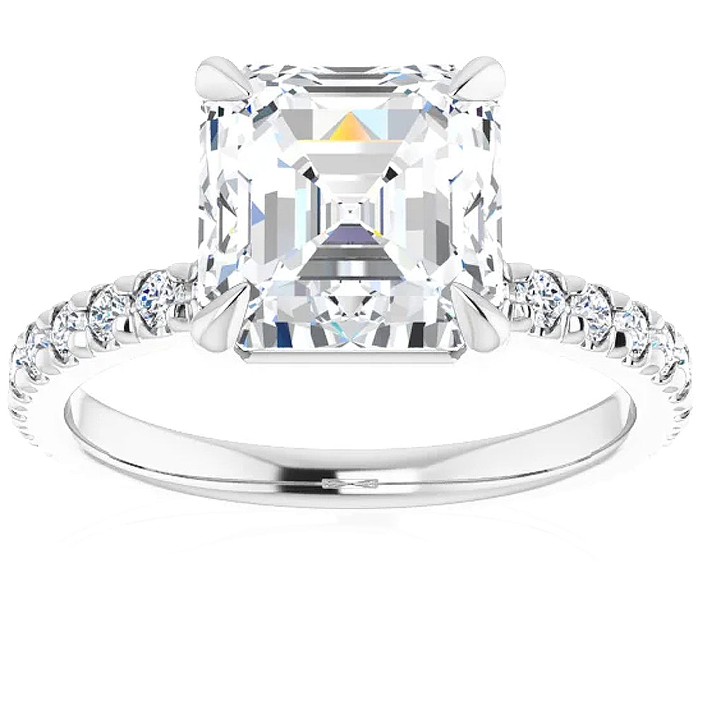 3 1/3Ct Asscher Cut & Diamond Engagement Ring in White, Yellow, or Rose Gold