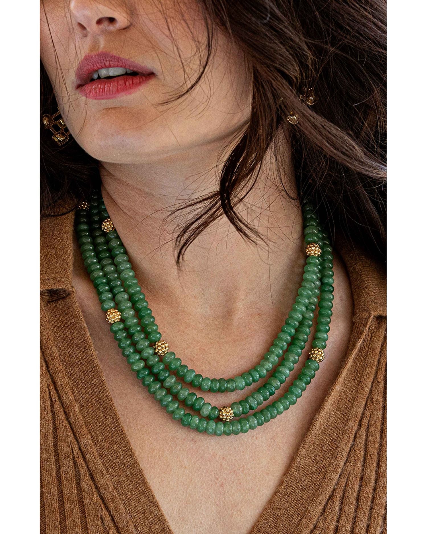 Berry & Jade Bead Triple Strand Necklace in 18K Gold Plated, 18