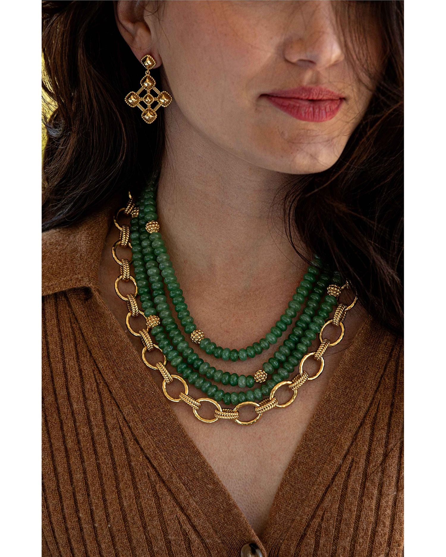 Berry & Jade Bead Triple Strand Necklace in 18K Gold Plated, 18