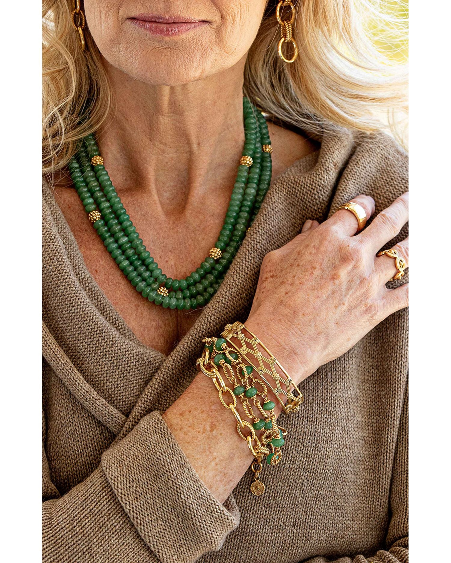 Berry & Jade Bead Triple Strand Necklace in 18K Gold Plated, 18