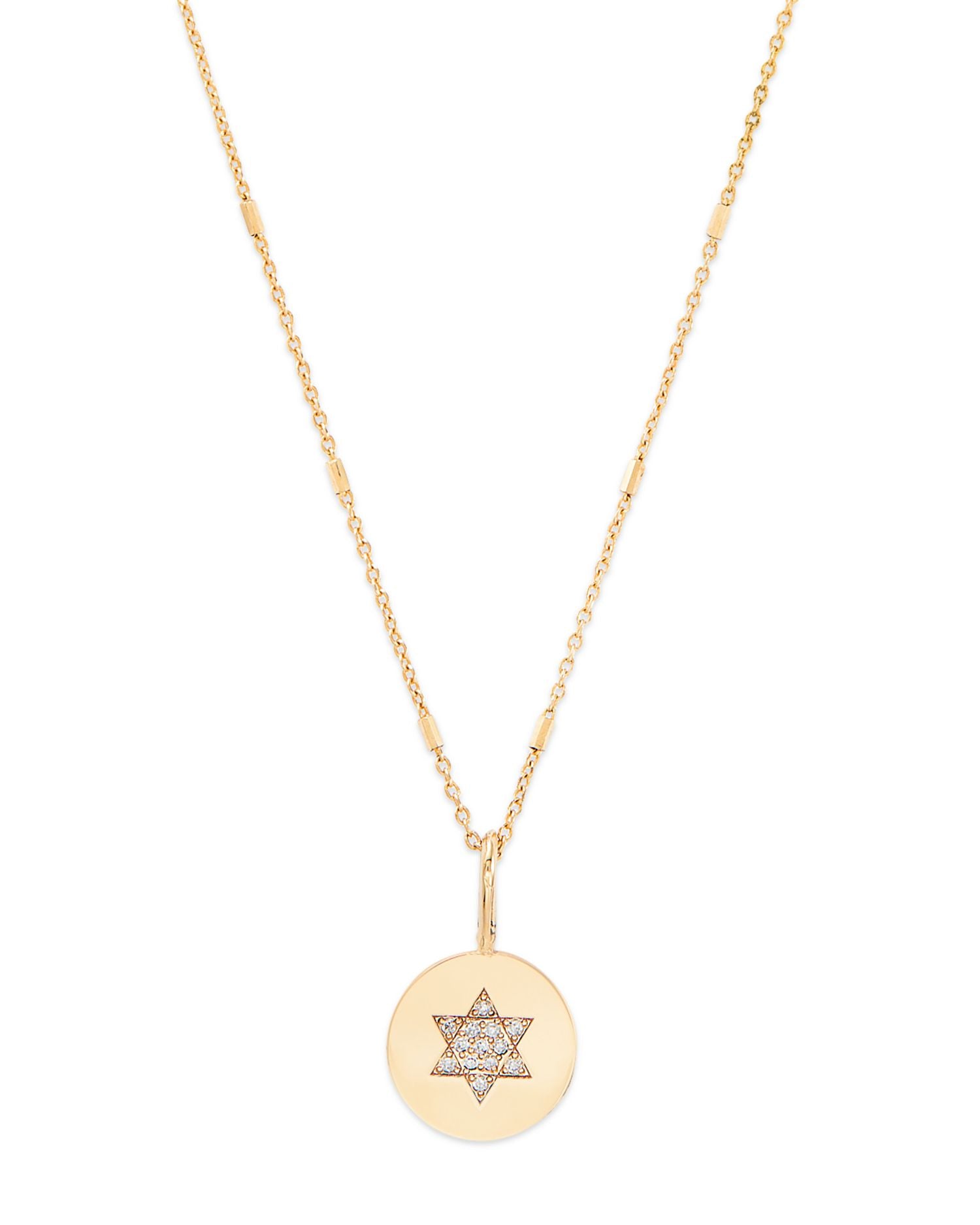 14K Yellow Gold Midi Bitty Symbols Diamond Star of David Disc Pendant Necklace, 18'
