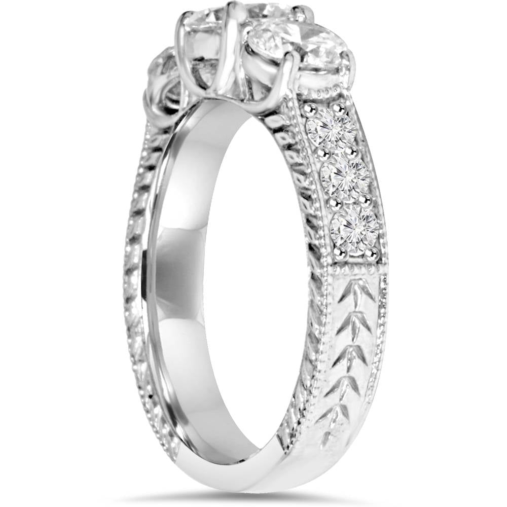 2 CT Vintage Three Stone Round Diamond Engagement Ring 14K White Gold (H/SI2)