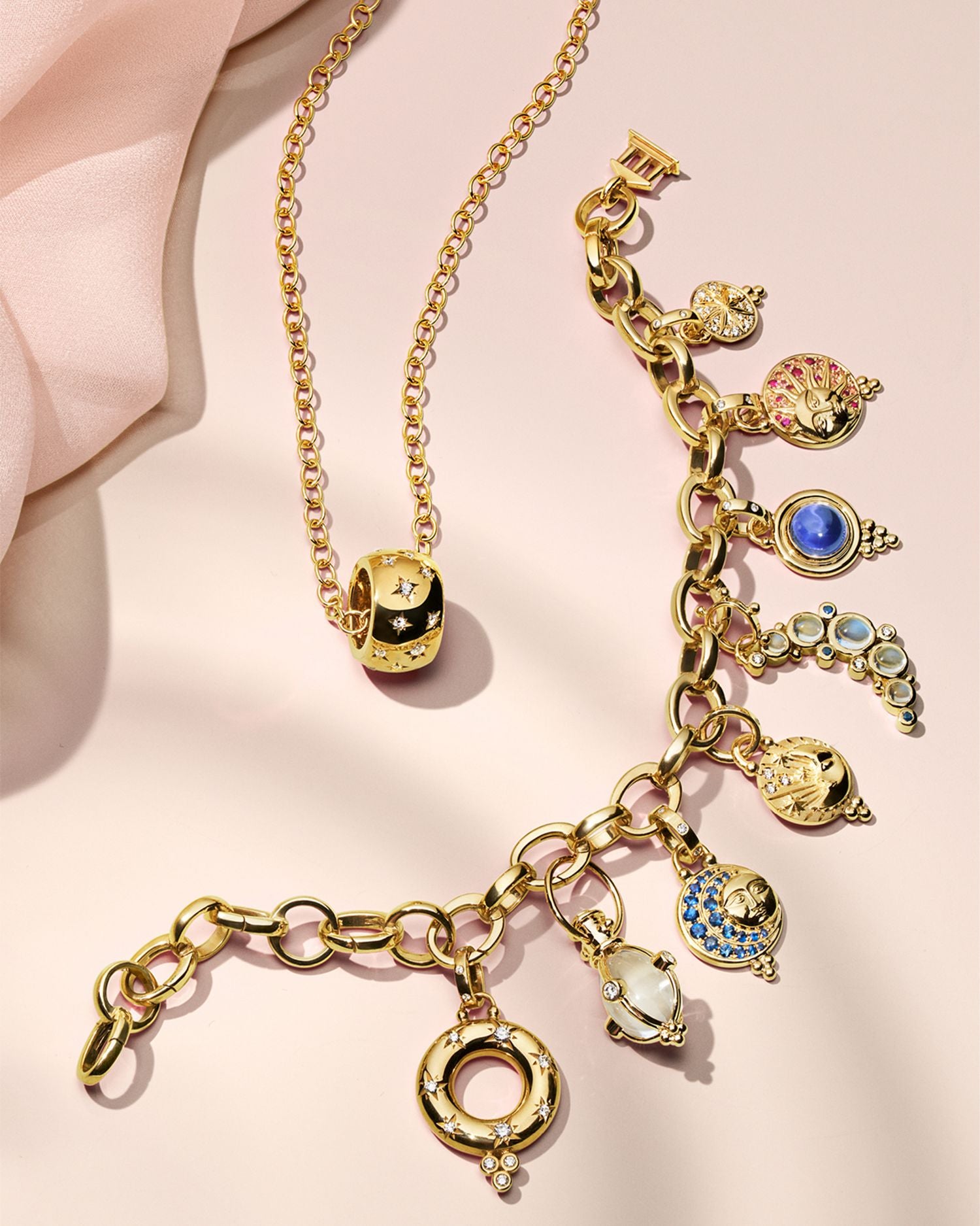 18K Yellow Gold Celestial Diamond, Blue Moonstone & Blue Sapphire Crescent Moon Pendant