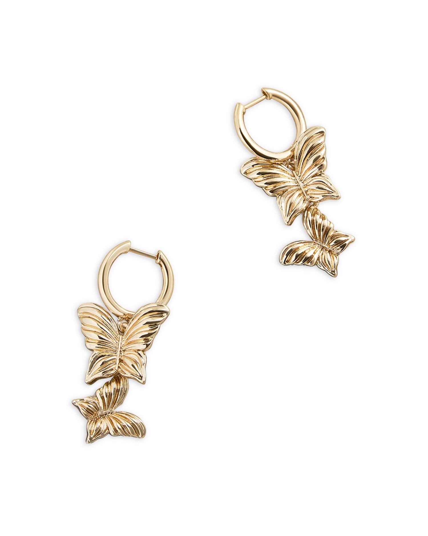 Spread Your Wings Double Butterfly Charm Hoop Earrings in Gold Tone