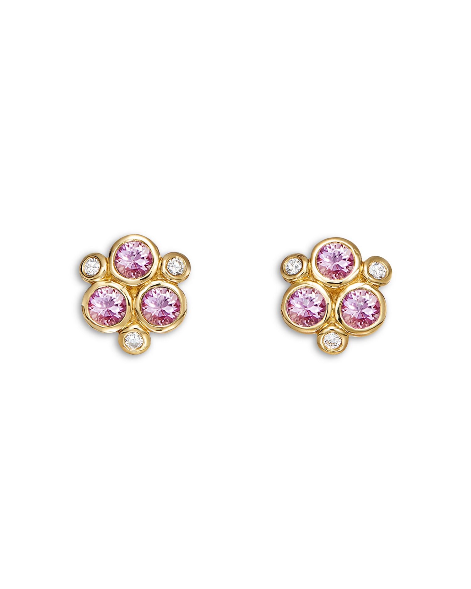 18K Yellow Gold FJ Pink Sapphire & Diamond Bezel Cluster Stud Earrings