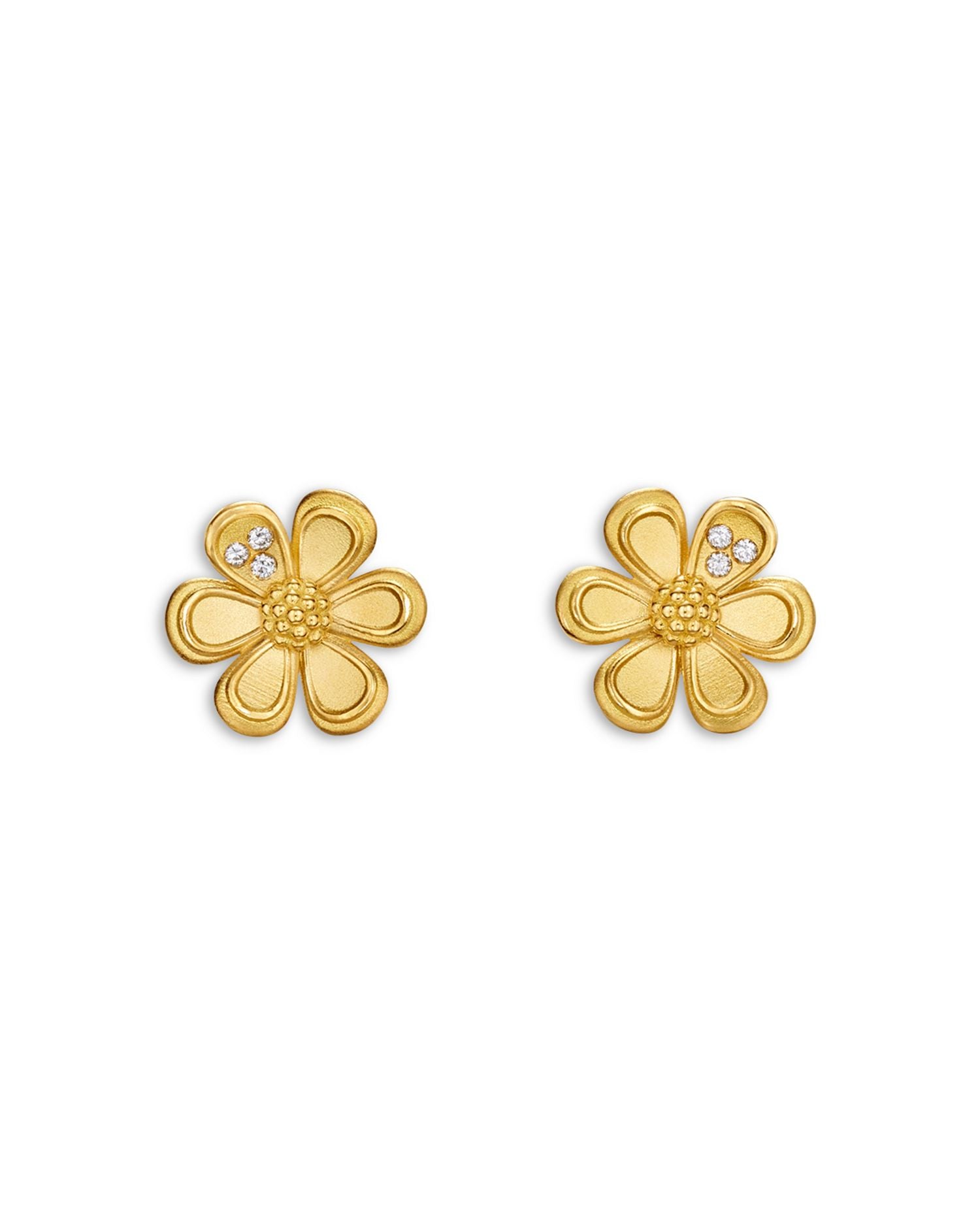 18K Yellow Gold Diamond Flower Stud Earrings