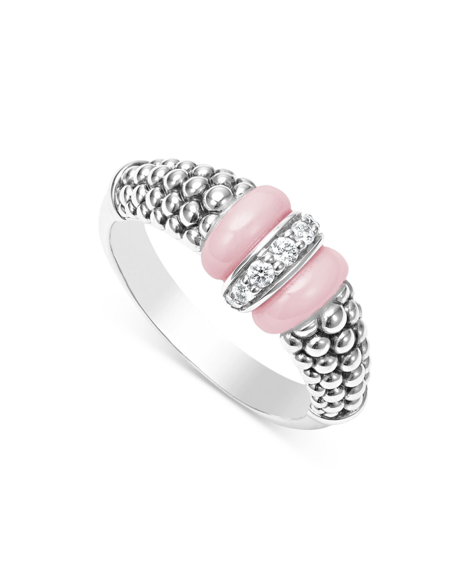 Sterling Silver Pink Caviar Diamond & Pink Ceramic Bead Statement Ring