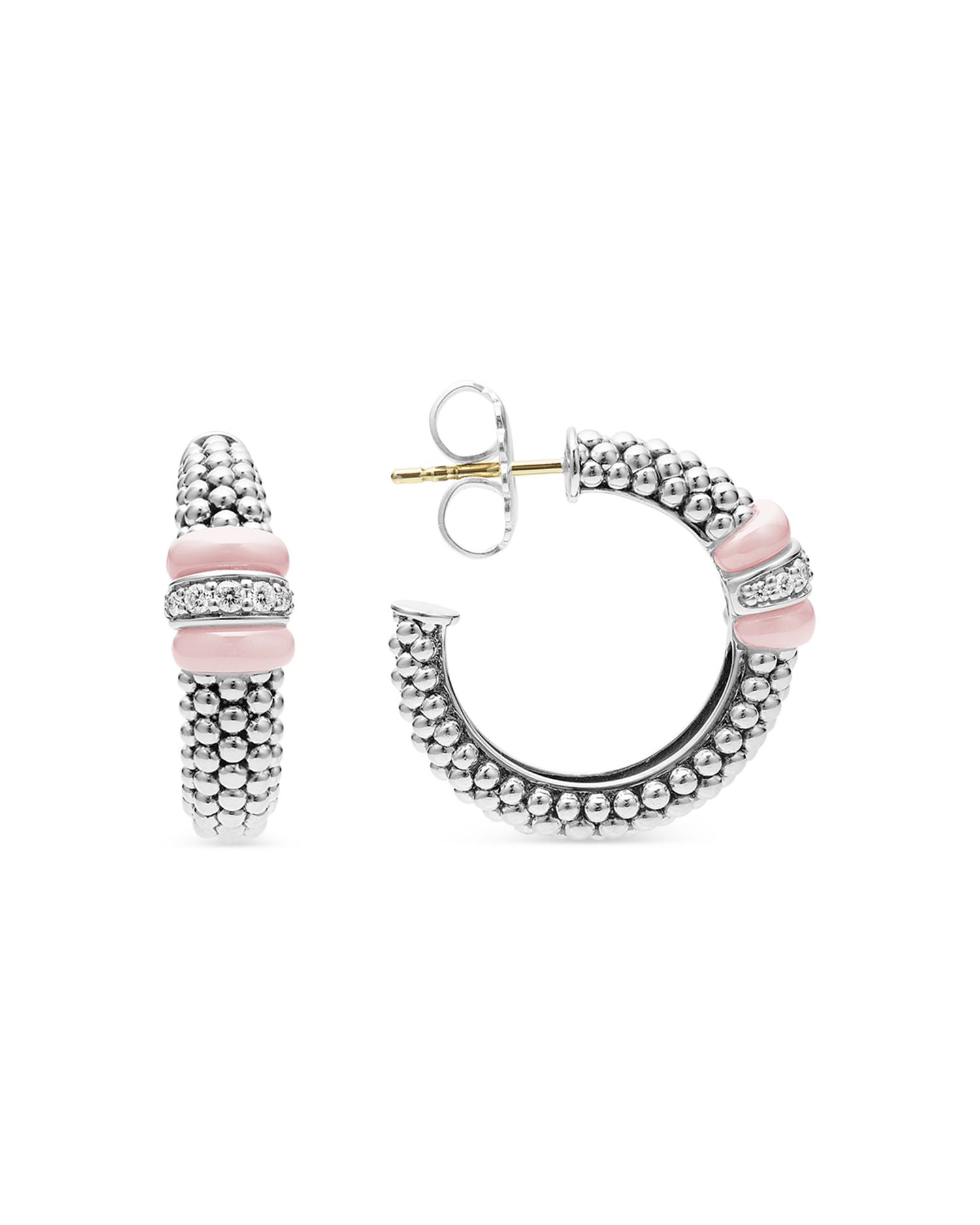Sterling Silver Pink Caviar Diamond & Pink Ceramic Bead Hoop Earrings