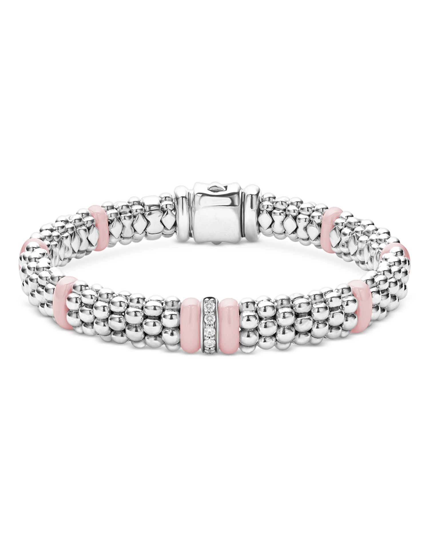 Sterling Silver Pink Caviar Diamond & Pink Ceramic Bead Link Bracelet