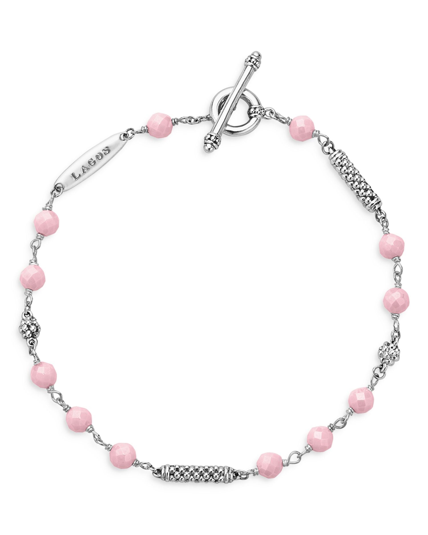 Sterling Silver Caviar Icon Pink Ceramic Bead Station Toggle Bracelet