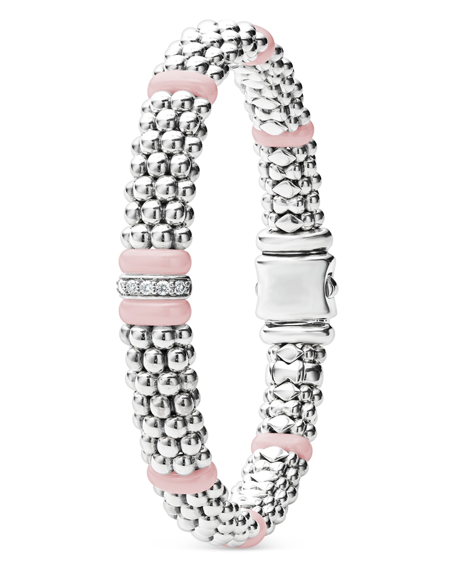 Sterling Silver Pink Caviar Diamond & Pink Ceramic Bead Link Bracelet