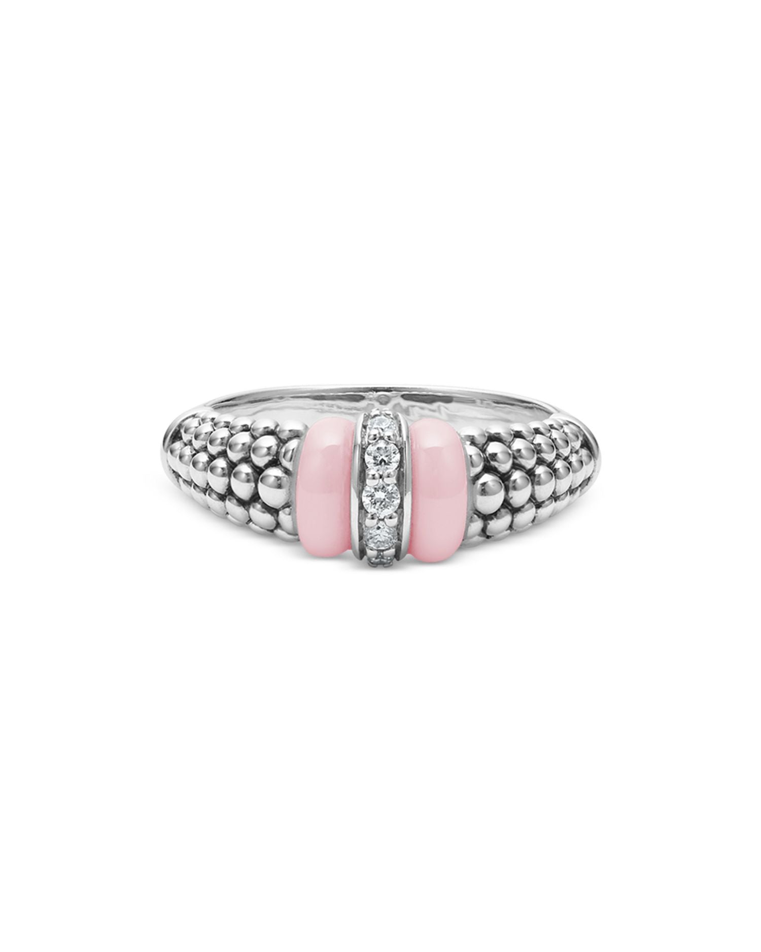 Sterling Silver Pink Caviar Diamond & Pink Ceramic Bead Statement Ring