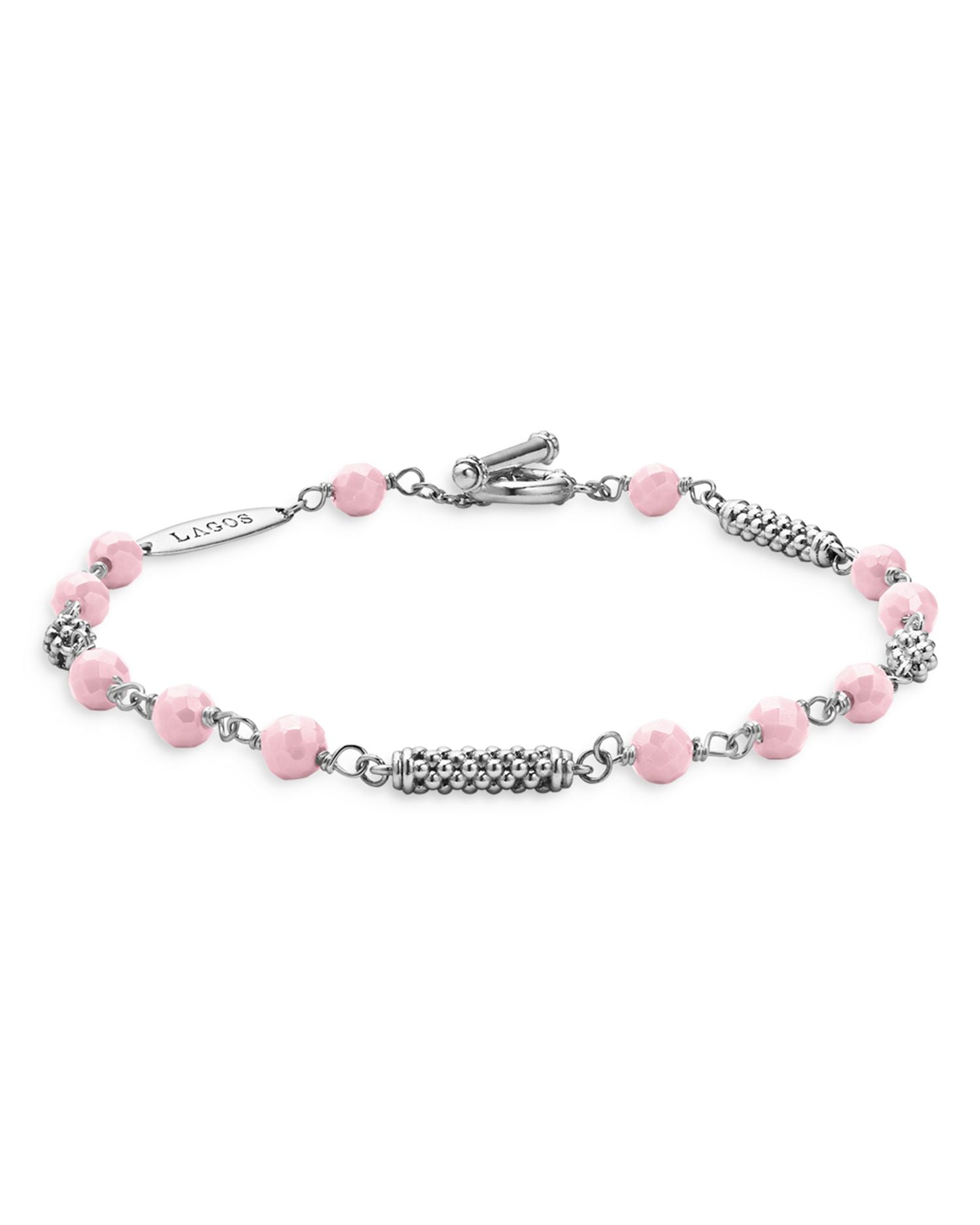 Sterling Silver Caviar Icon Pink Ceramic Bead Station Toggle Bracelet