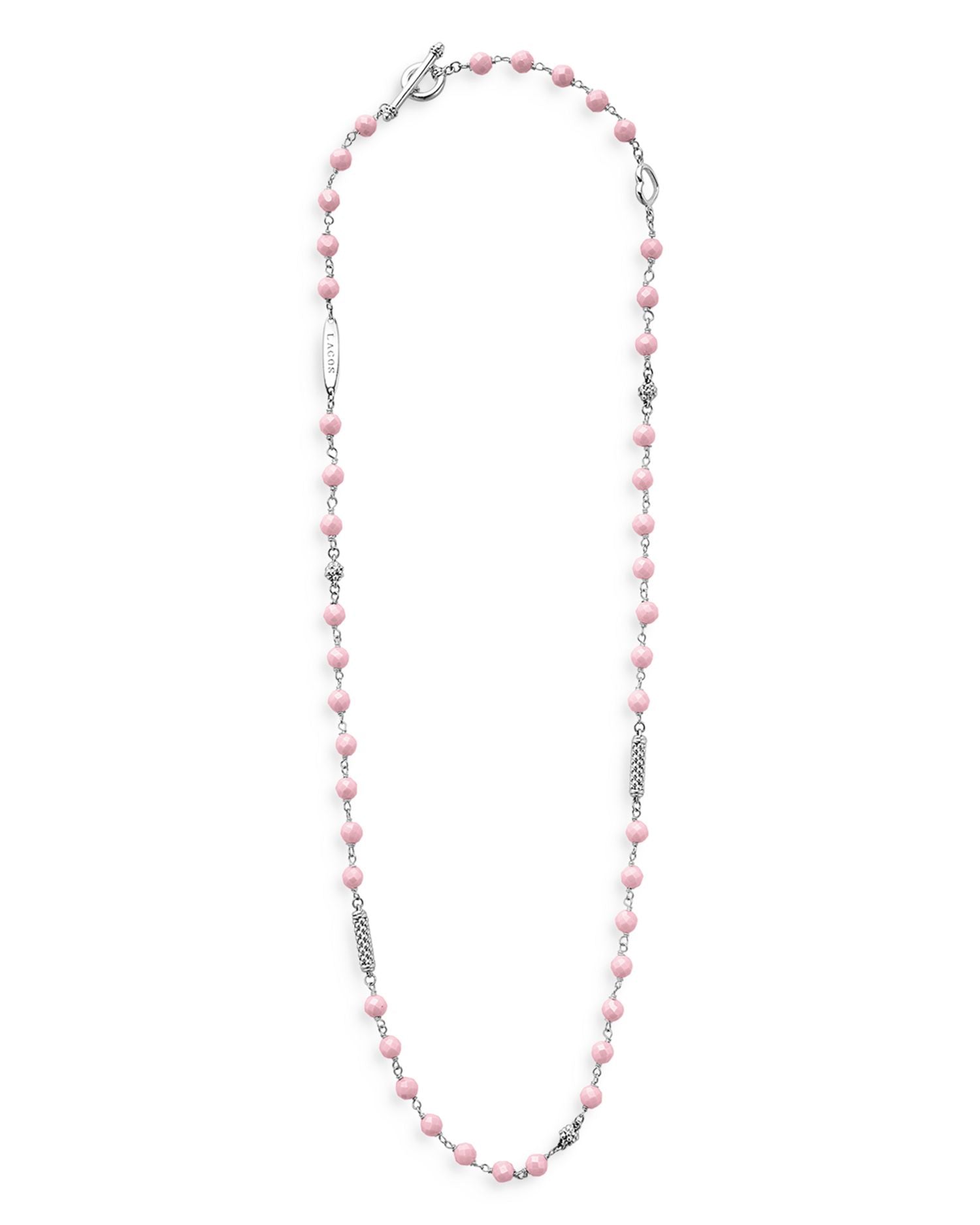 Sterling Silver Caviar Icon Pink Ceramic Bead Station Collar Necklace, 16-18"