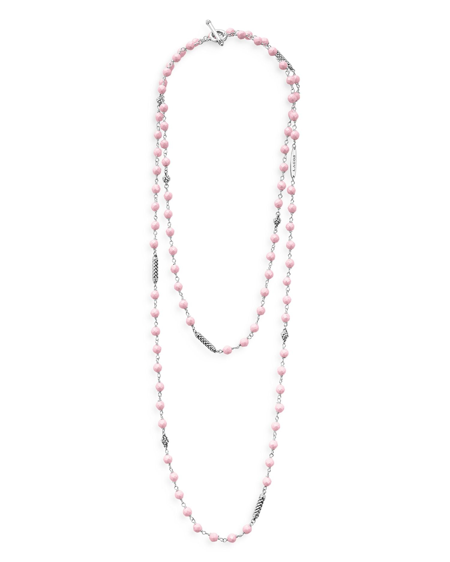 Sterling Silver Caviar Icon Pink Ceramic Bead Station Necklace, 34"
