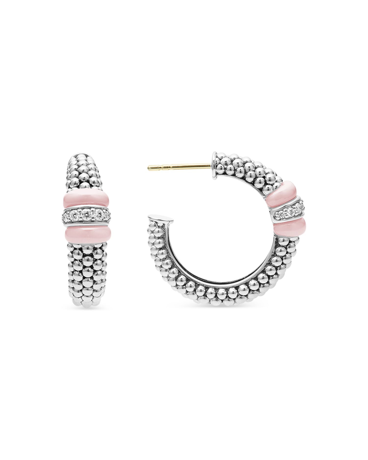 Sterling Silver Pink Caviar Diamond & Pink Ceramic Bead Hoop Earrings