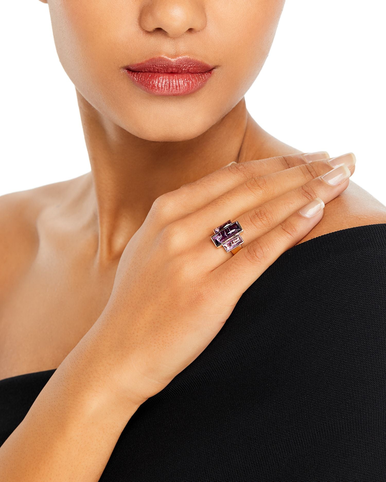 Amethyst & Pink Amethyst Three Stone Ring in 14K Yellow Gold