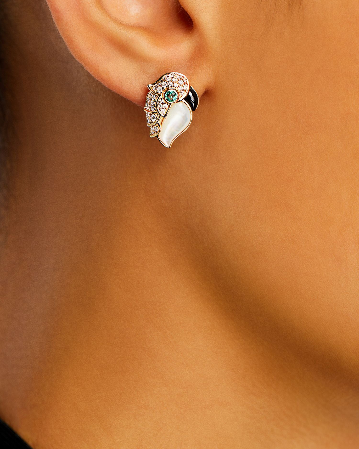 Emerald, Mother of Pearl, Onyx, & Diamond Bird Stud Earrings in 14K Yellow Gold
