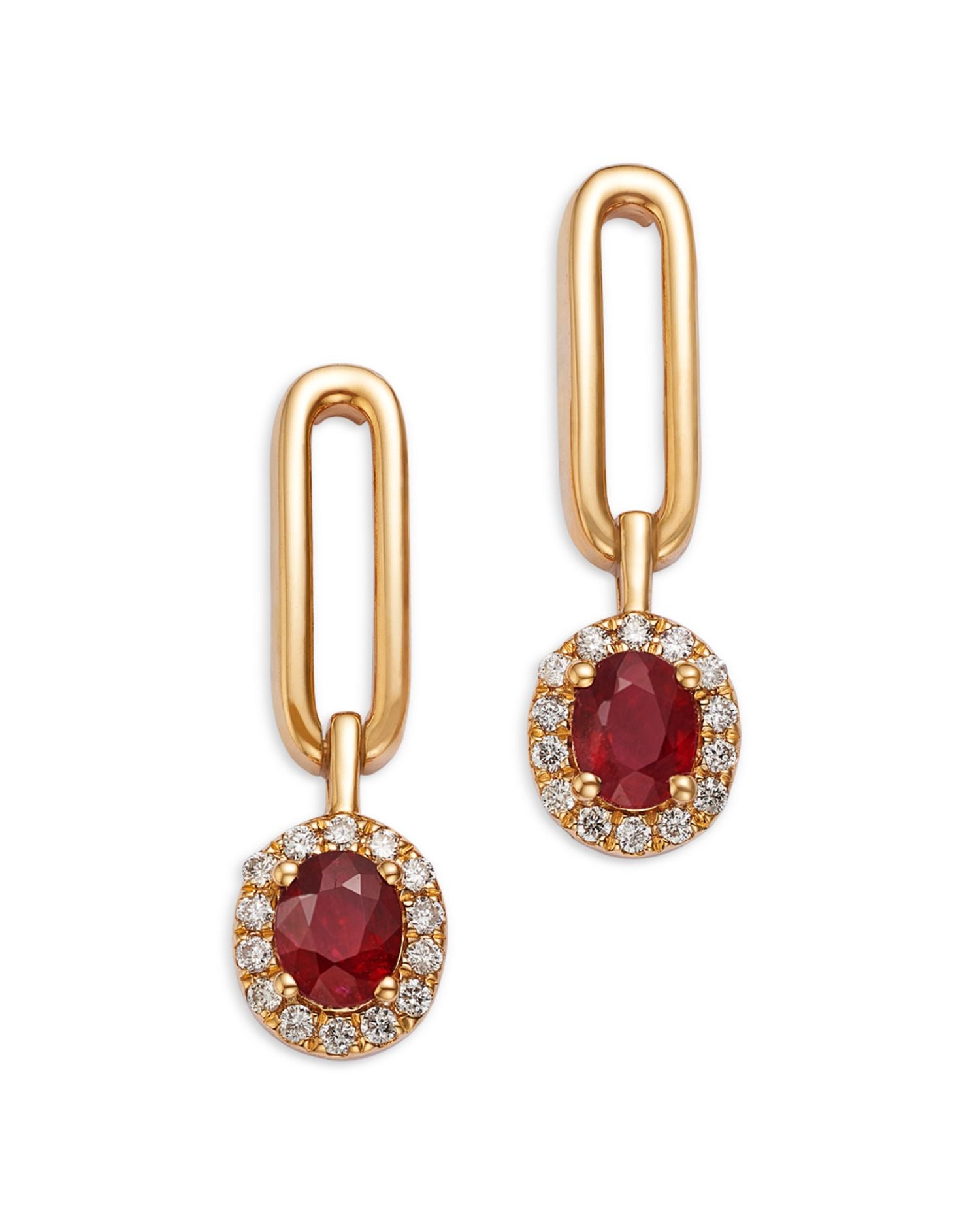 Ruby & Diamond Halo Drop Earrings in 14K Yellow Gold