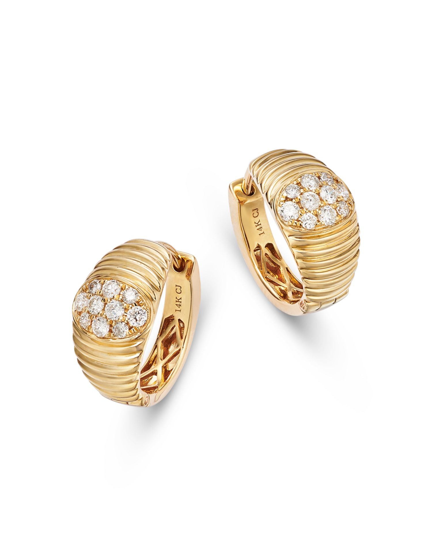 Diamond Cluster Ridged Small Huggie Hoop Earrings in 14K Yellow Gold, 0.35 ct. t.w.