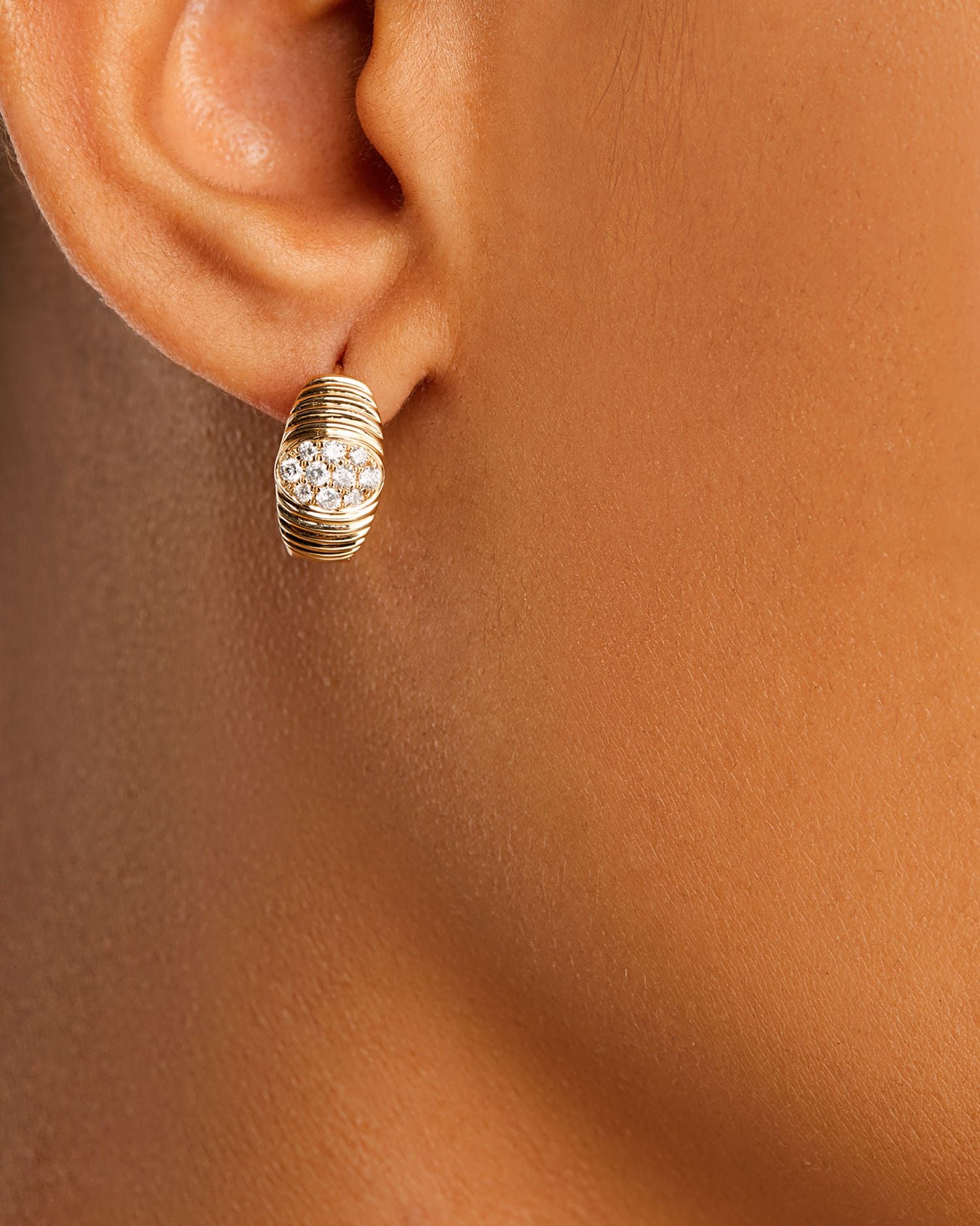 Diamond Cluster Ridged Small Huggie Hoop Earrings in 14K Yellow Gold, 0.35 ct. t.w.