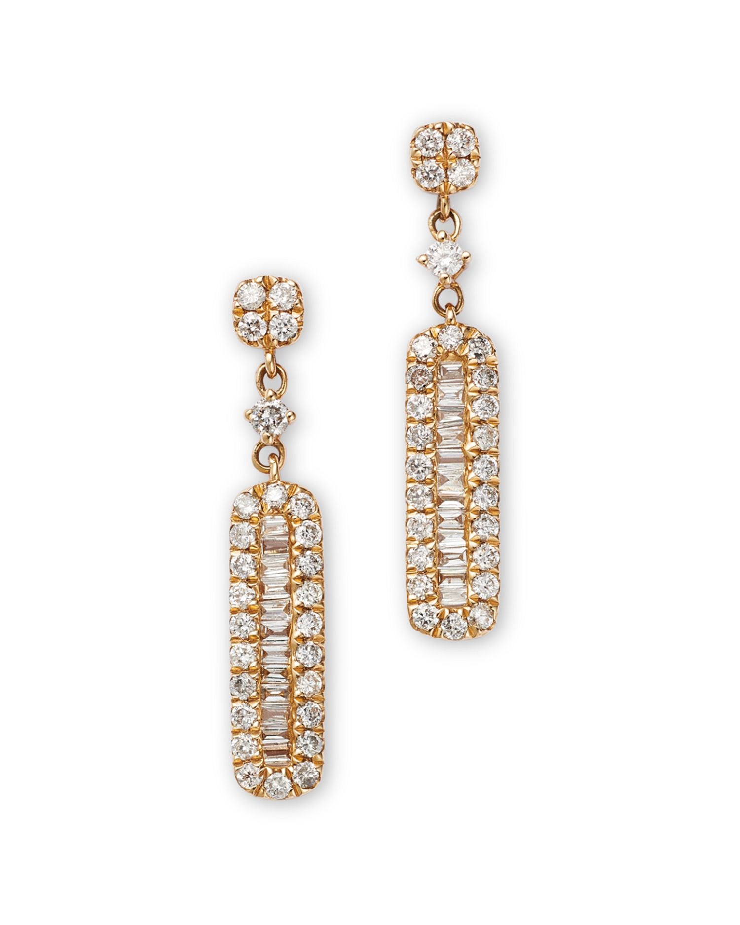 Diamond Round & Baguette Drop Earrings in 14K Yellow Gold, 0.70 ct. t.w.