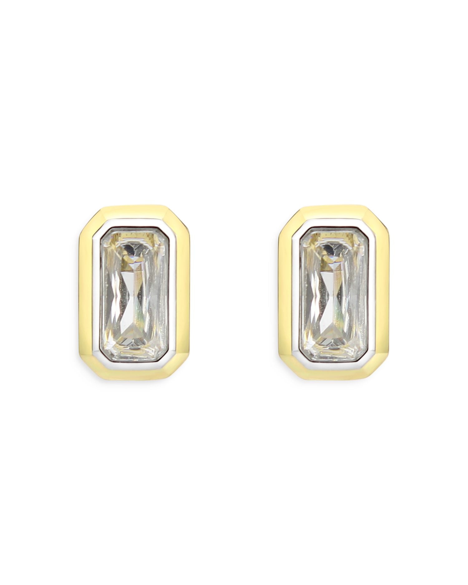 Two Tone Emerald Cut Stud Earrings - Exclusive