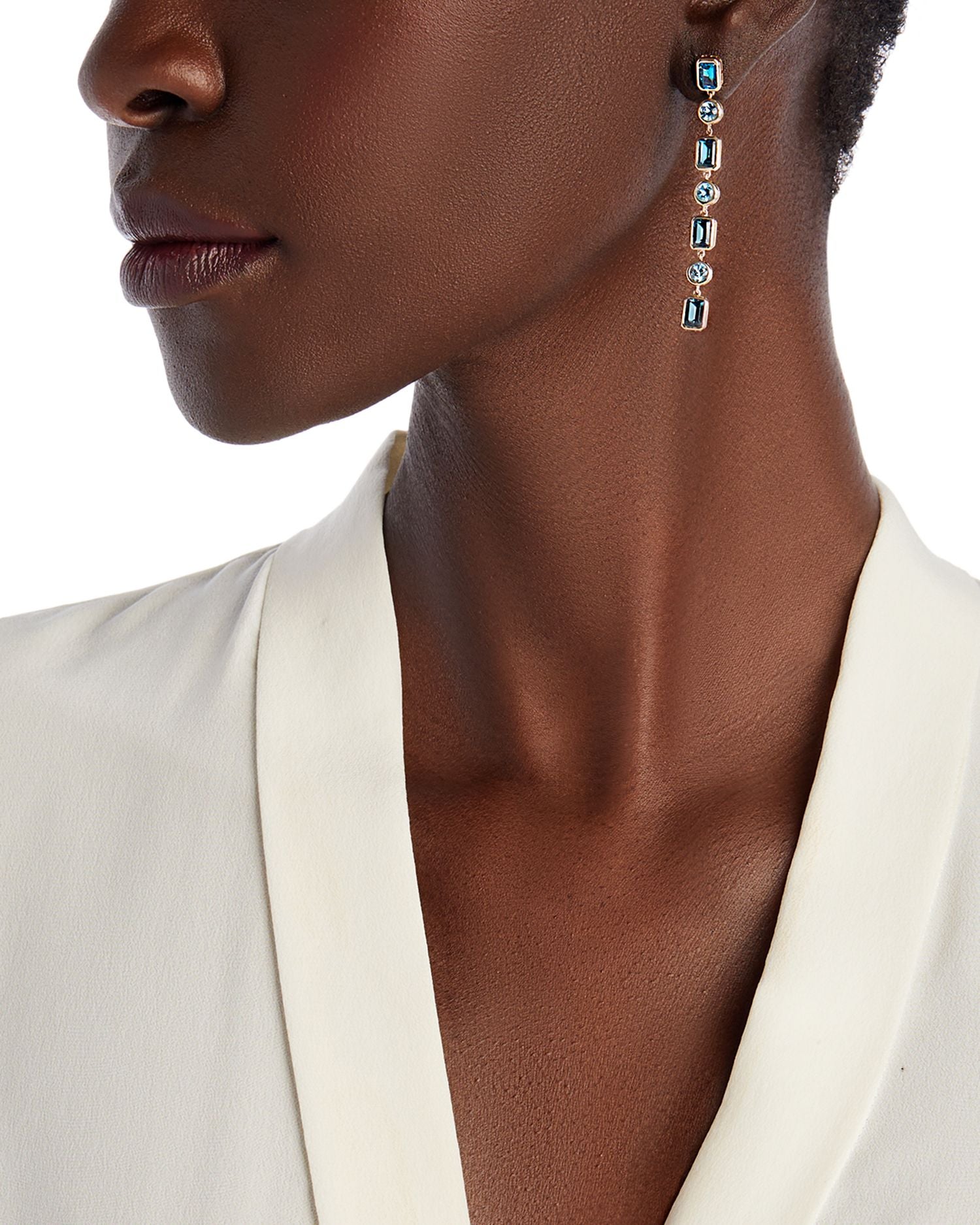 Blue Topaz Linear Drop Earrings in 14K Yellow Gold