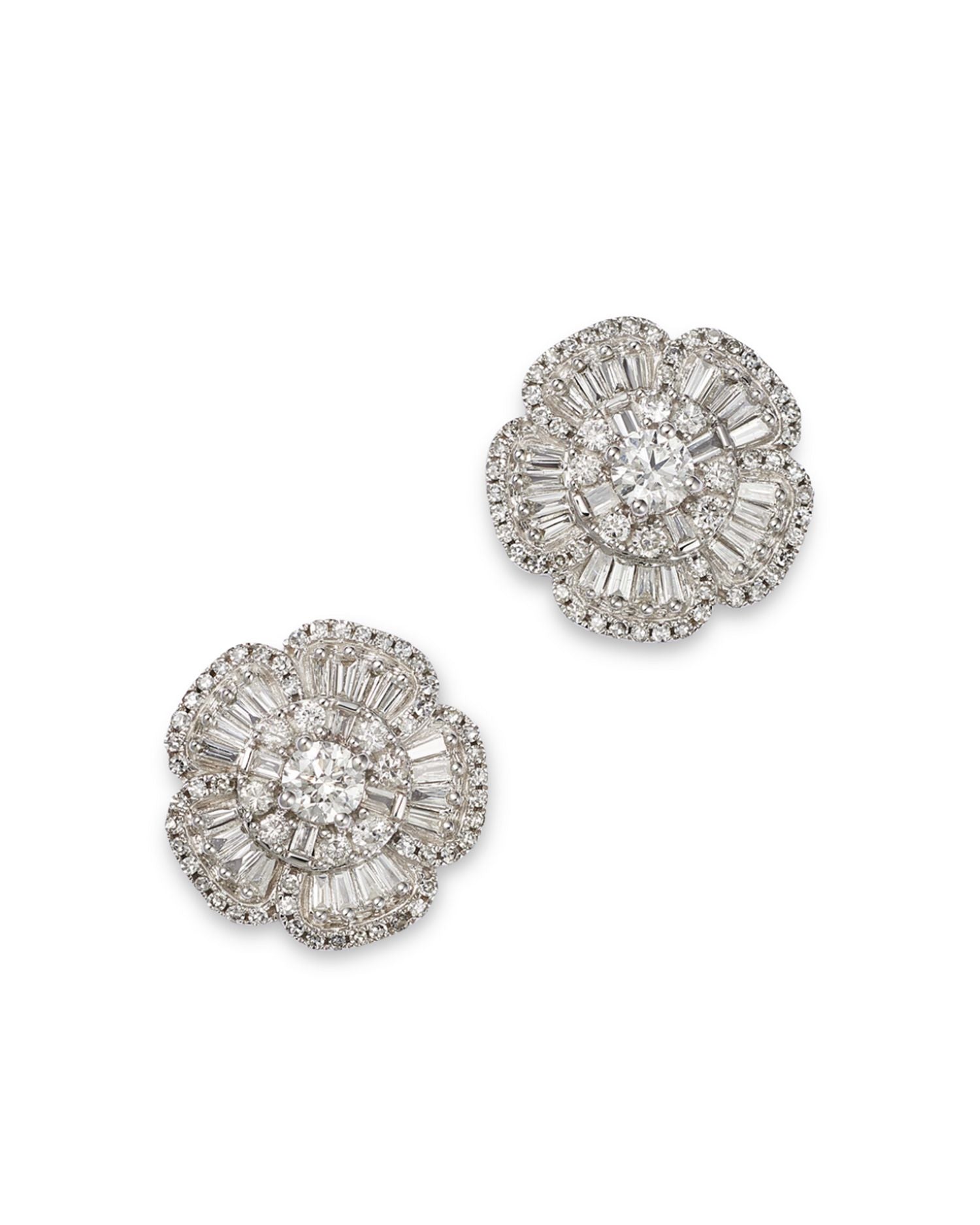Diamond Round & Baguette Flower Stud Earrings in 14K White Gold, 1.0 ct. t.w.