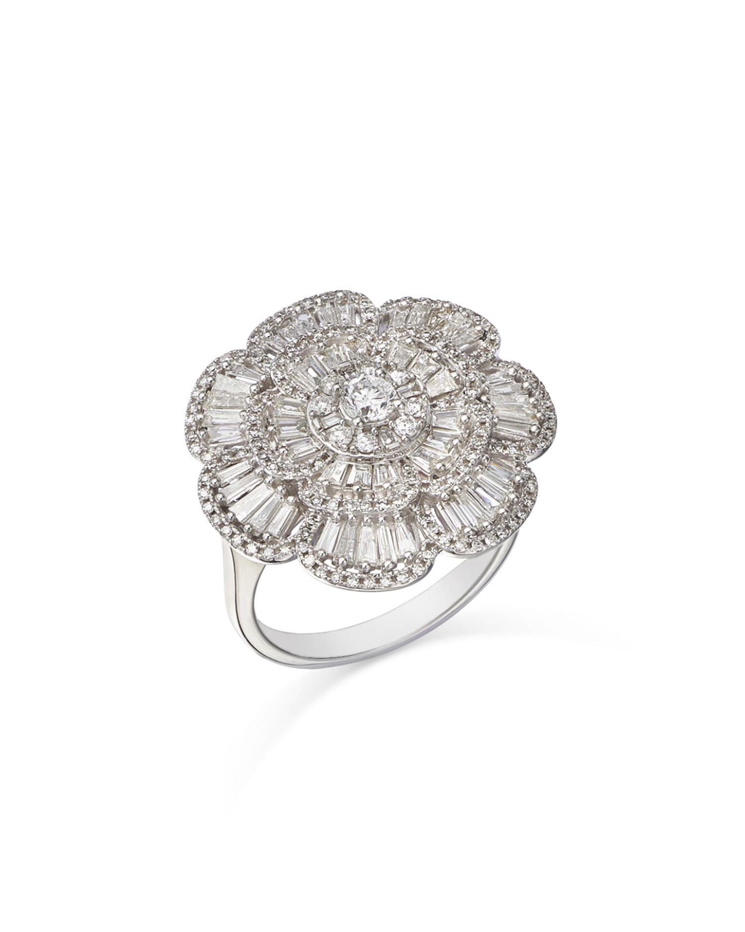 Diamond Round & Baguette Flower Ring in 14K White Gold, 1.50 ct. t.w.
