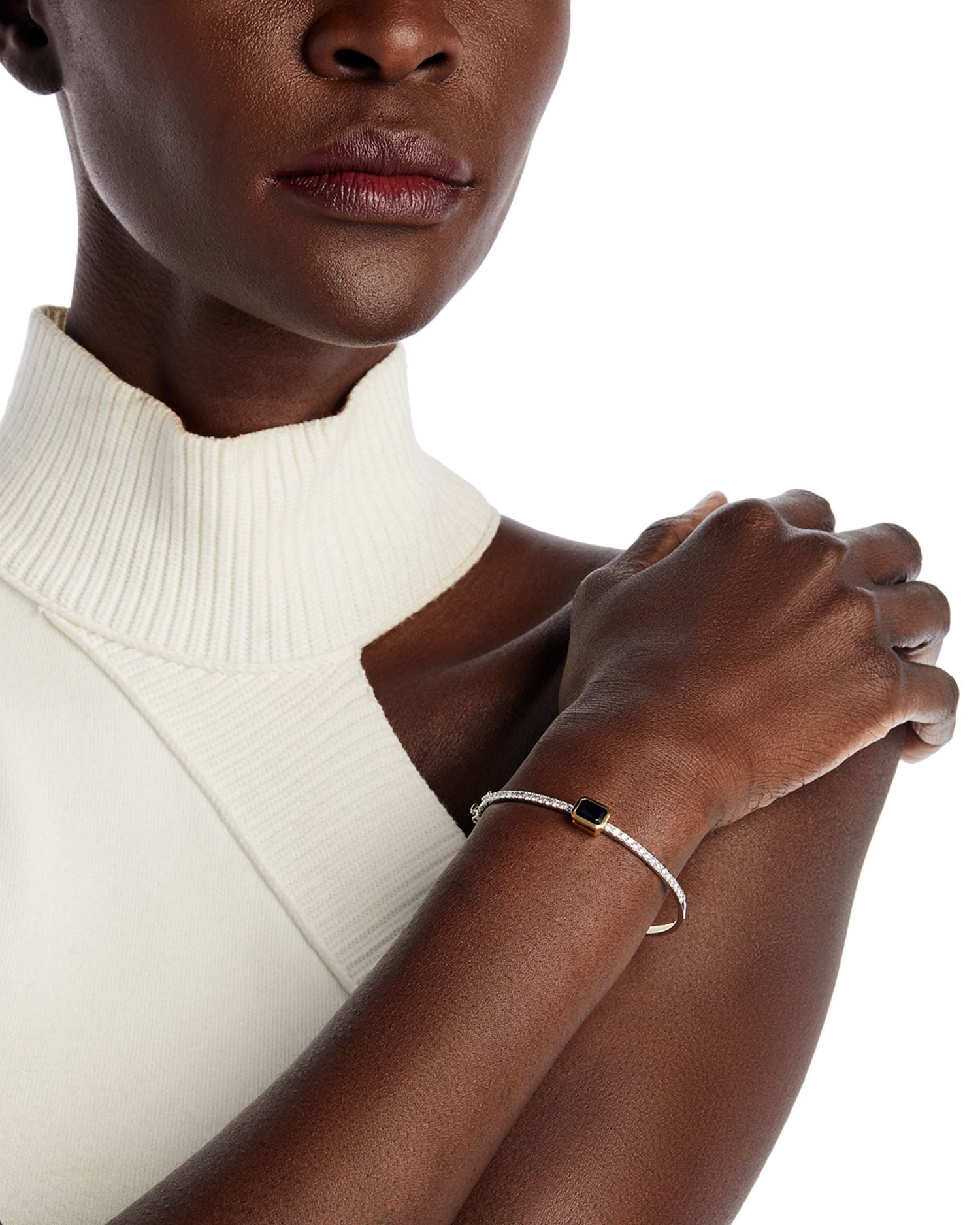 Gemstone & Diamond Station Bangle Bracelet in 14K Yellow & White Gold