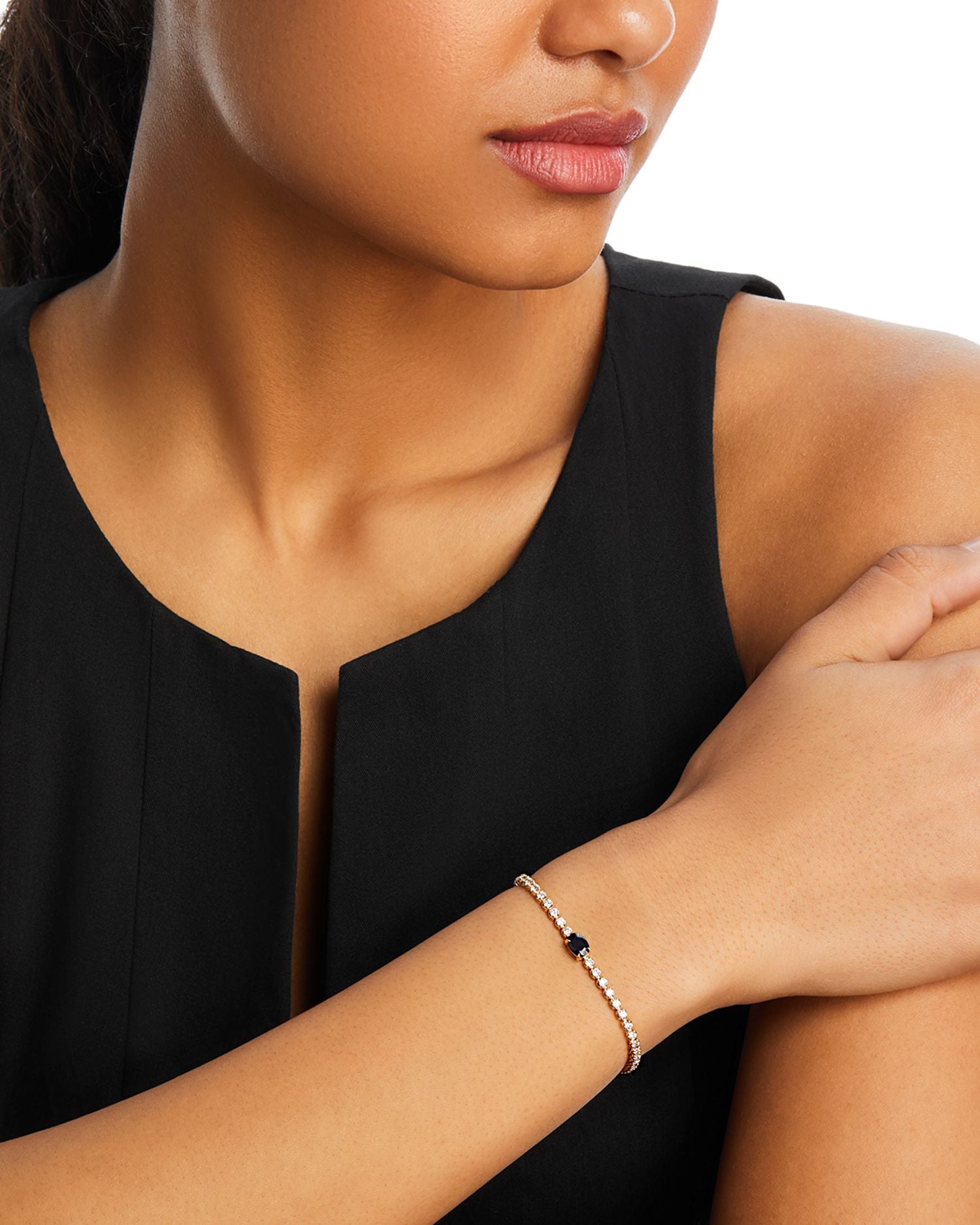 Blue Sapphire & Diamond Station Tennis Bracelet in 14K Yellow Gold