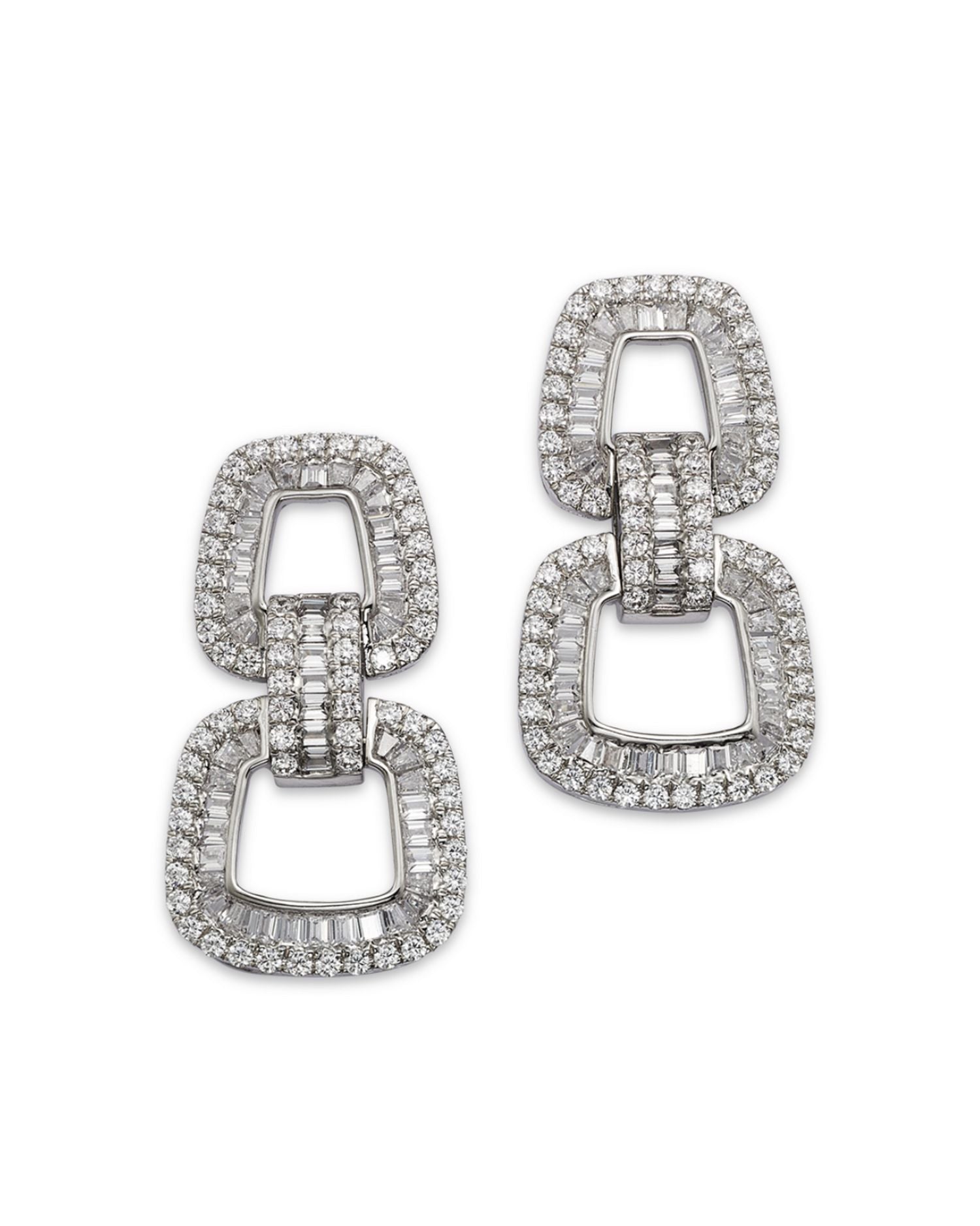 Diamond Round & Baguette Geometric Drop Earrings in 14K White Gold, 4.25 ct. t.w.
