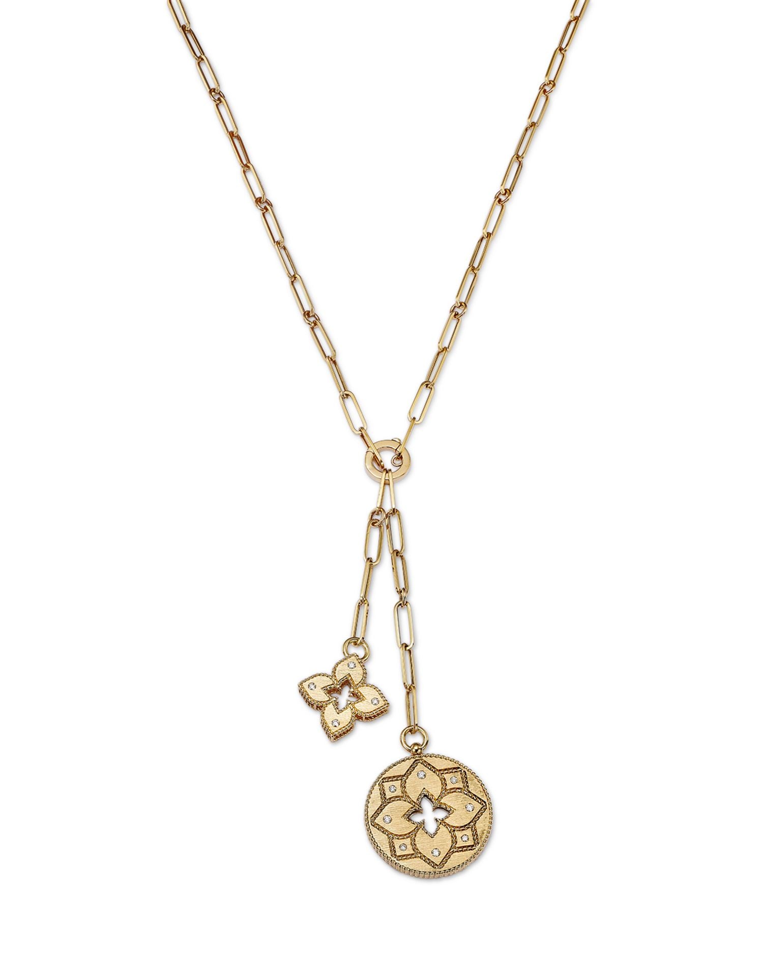 18K Yellow Gold Venetian Princess Diamond Flower & Open Disc Pendant Y Necklace, 15'