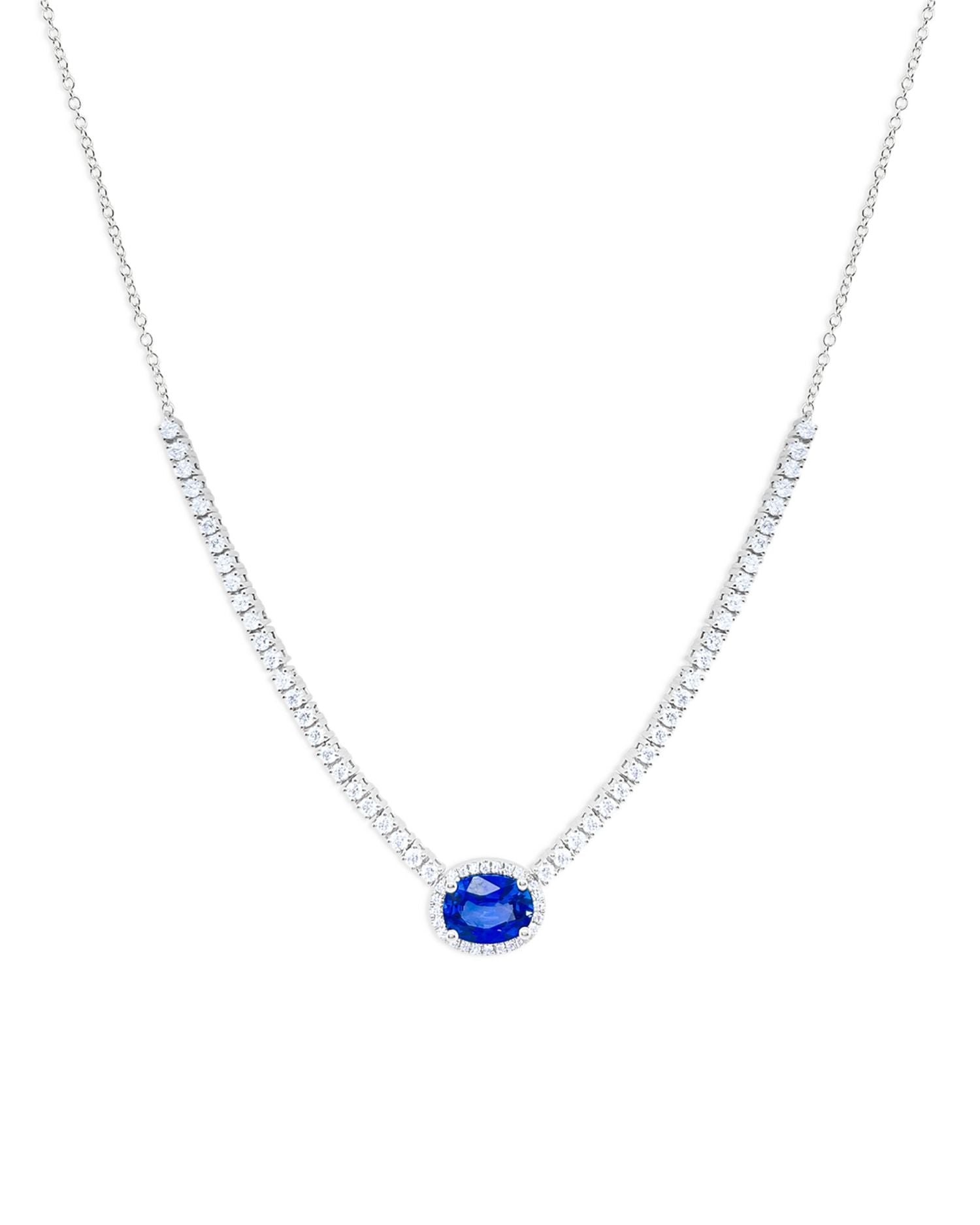 14K White Gold Blue Sapphire & Diamond Halo Oval Pendant Necklace, 18'