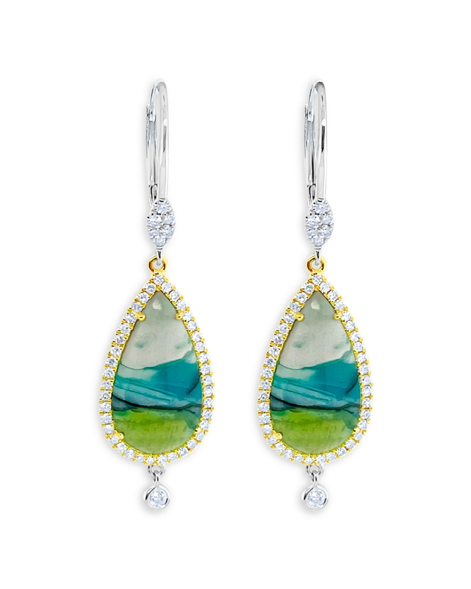 14k White & Yellow Gold Opalized Wood & Diamond Drop Earrings