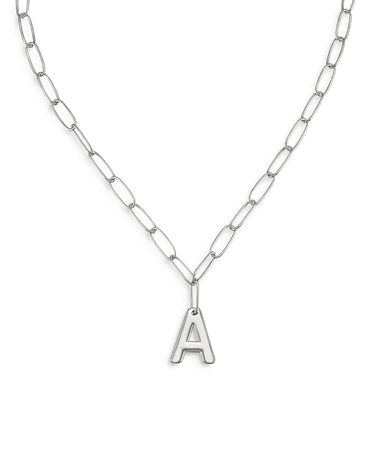 Paperclip Link Chain Initial Pendant Necklace in Rhodium Plated, 18'