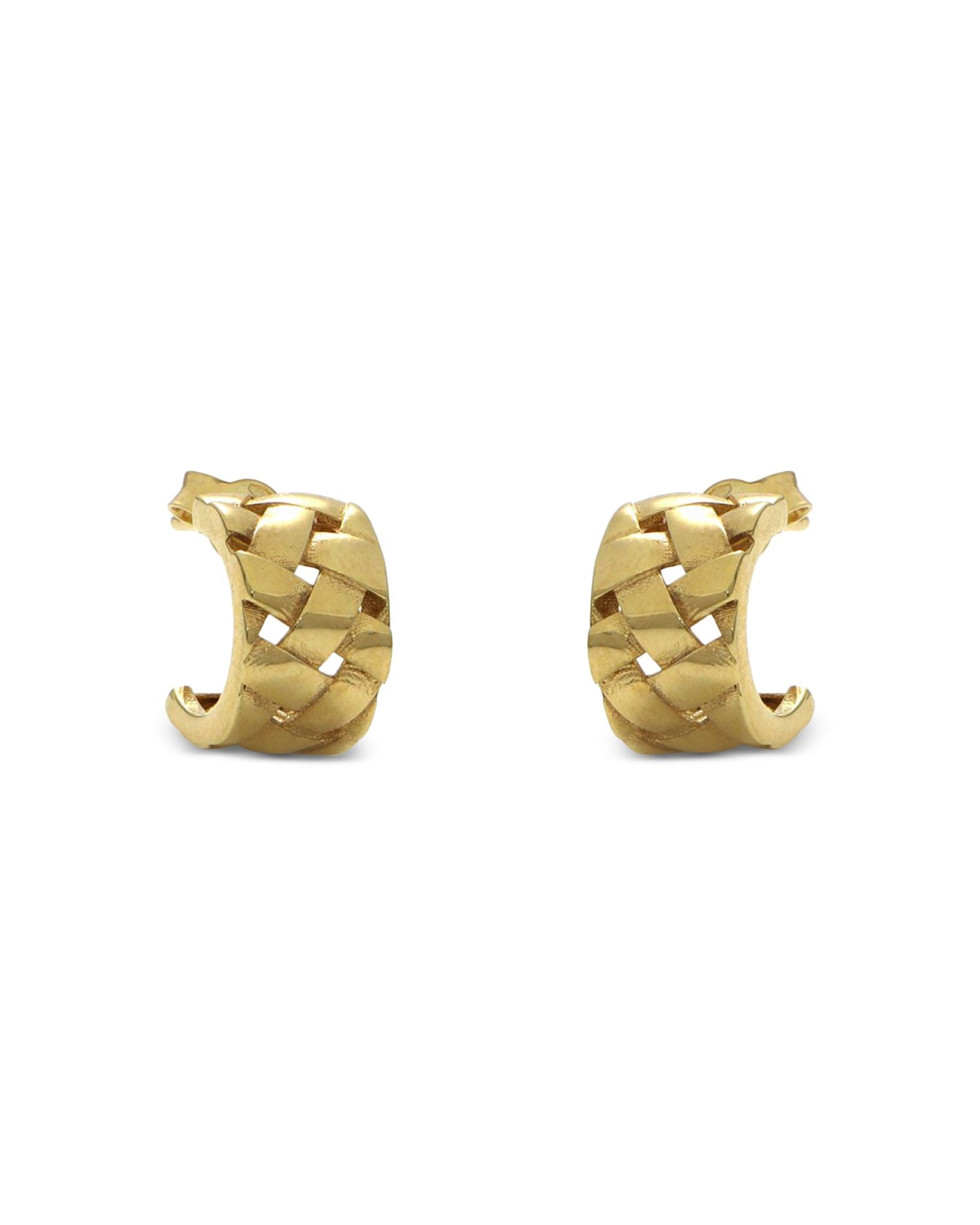 Basket Weave Small Huggie Hoop Earrings in 14K Yellow Gold