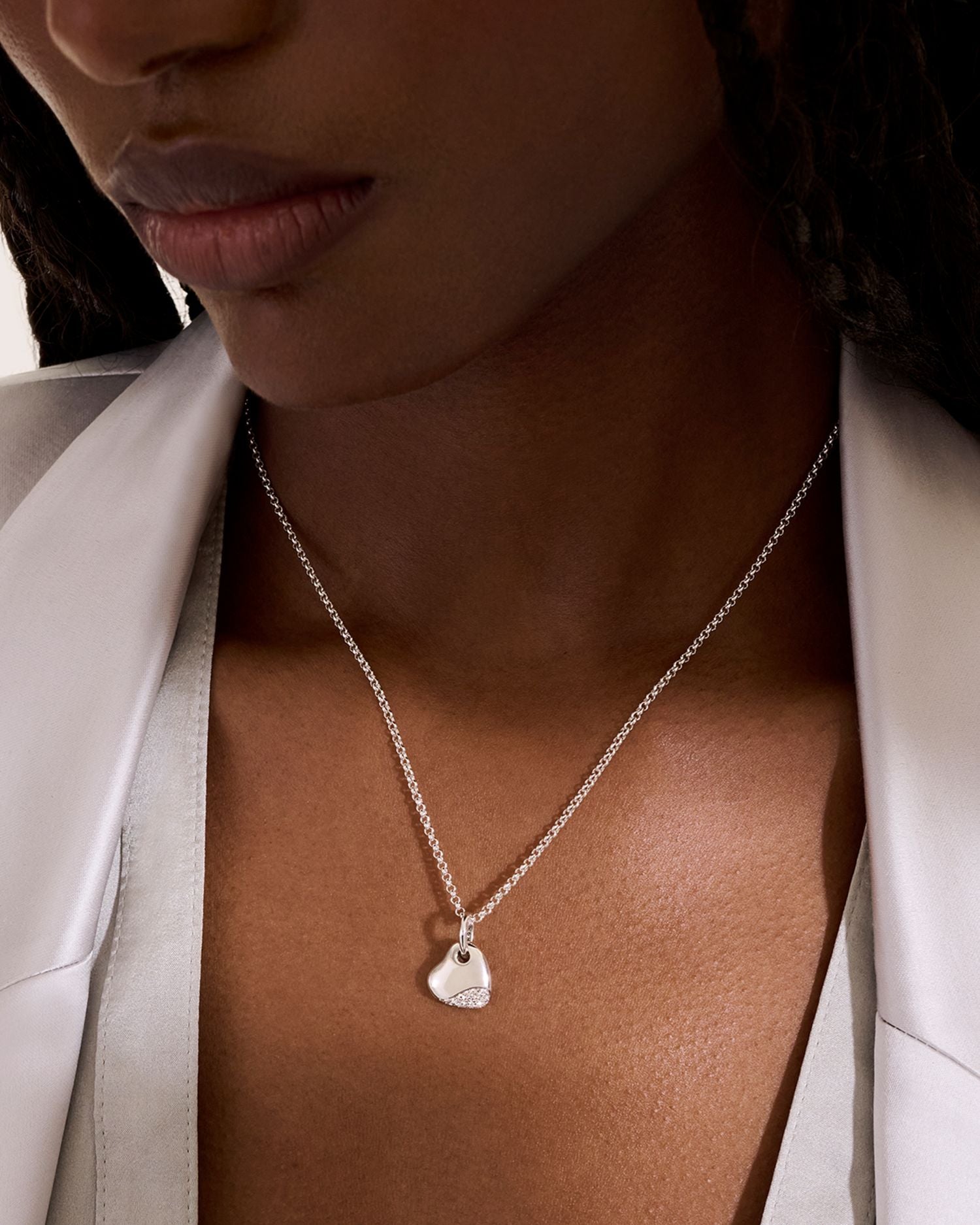 Silver Pebble Diamond Heart Pendant Necklace, 16-18'