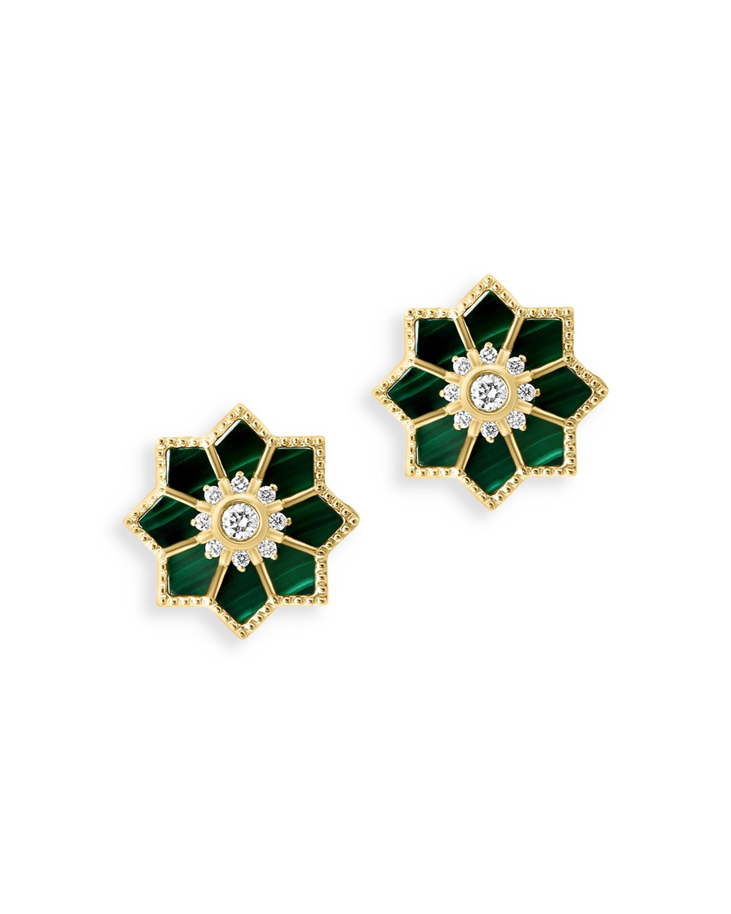Malachite & Diamond Starburst Earrings in 14K Yellow Gold