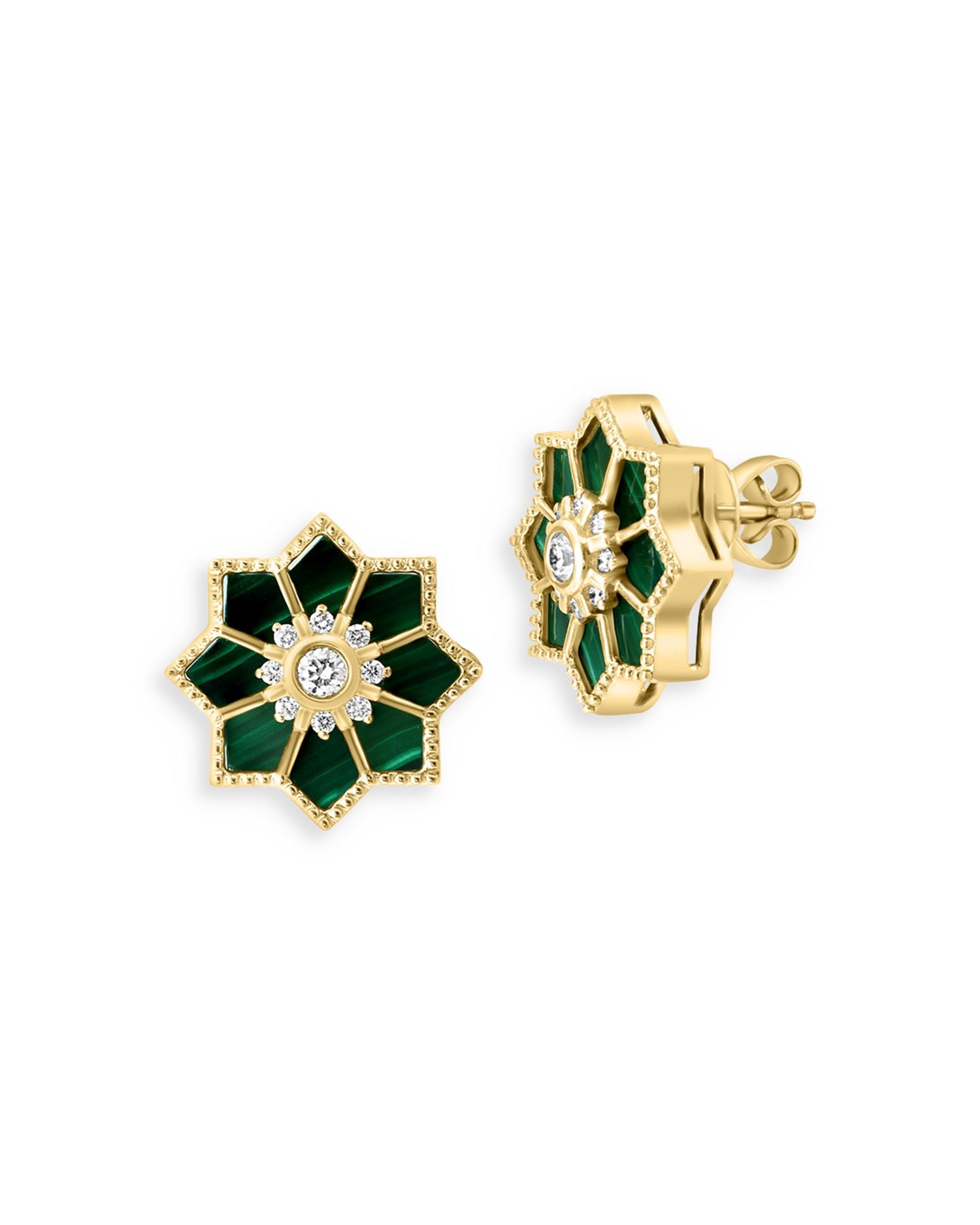 Malachite & Diamond Starburst Earrings in 14K Yellow Gold
