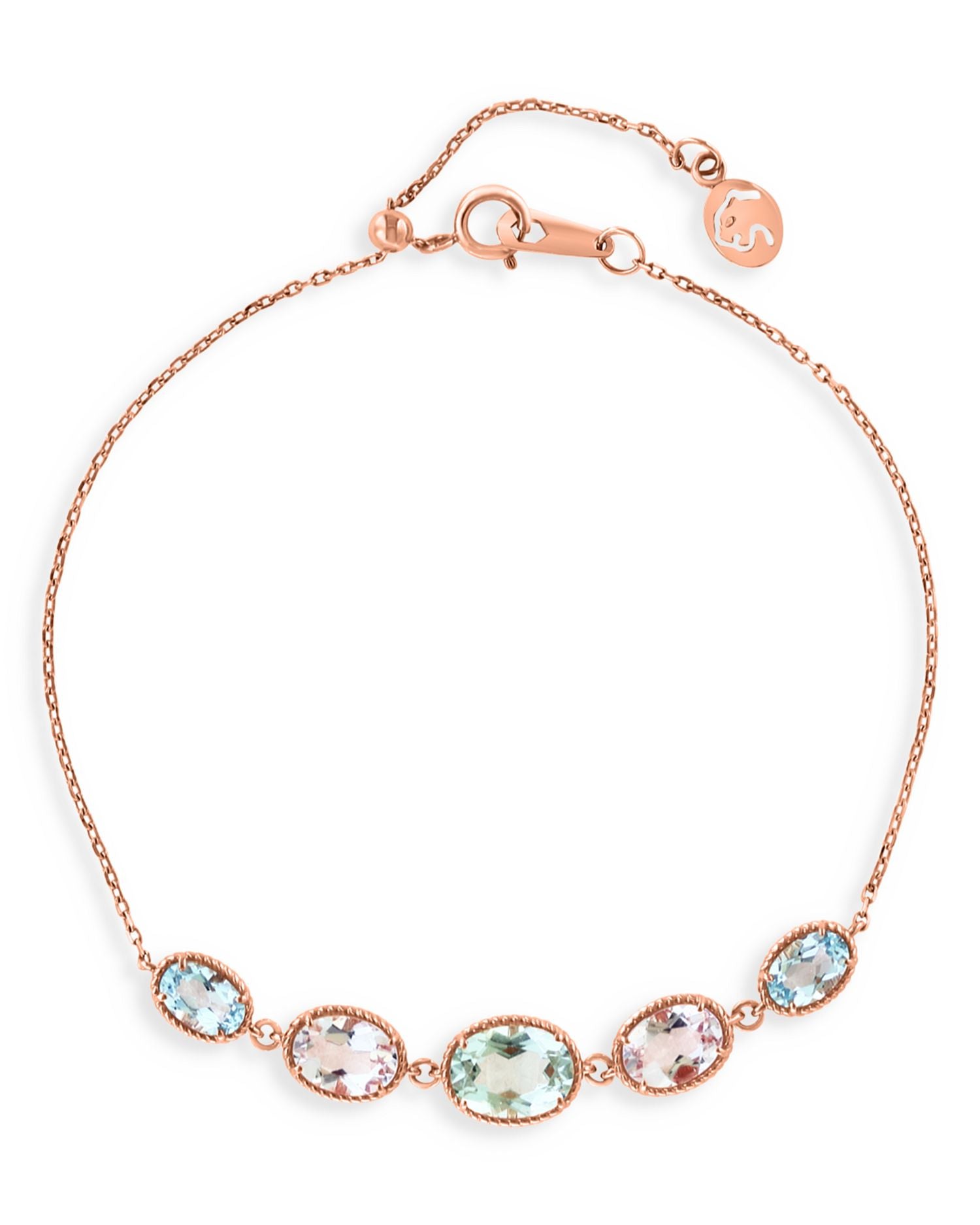 Prasiolite, Blue Topaz, & Morganite Bezel Station Bracelet in 14K Rose Gold