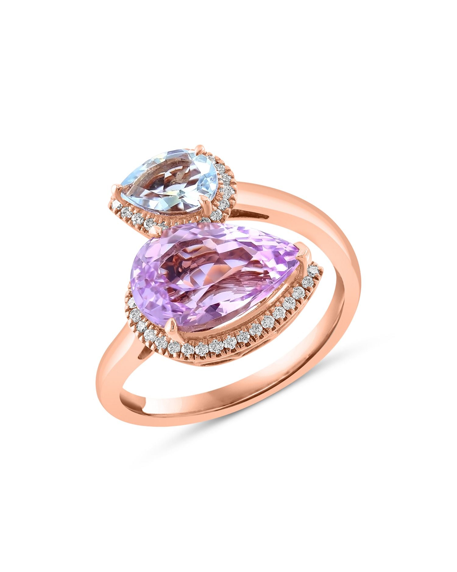 Kunzite, Aquamarine & Diamond Bypass Ring in 14K Rose Gold