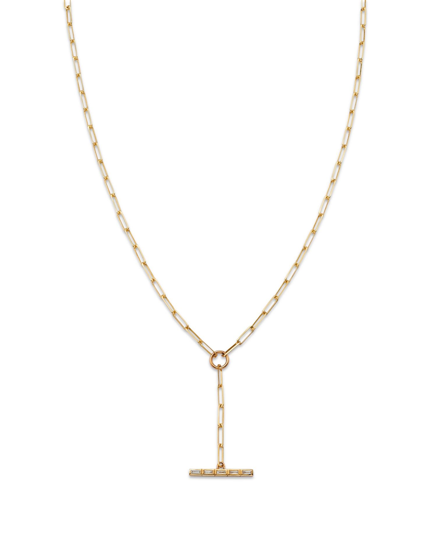 14K Yellow Gold Baguette Diamonds Diamond Paperclip Chain Faux Toggle Lariat Necklace, 16-18'