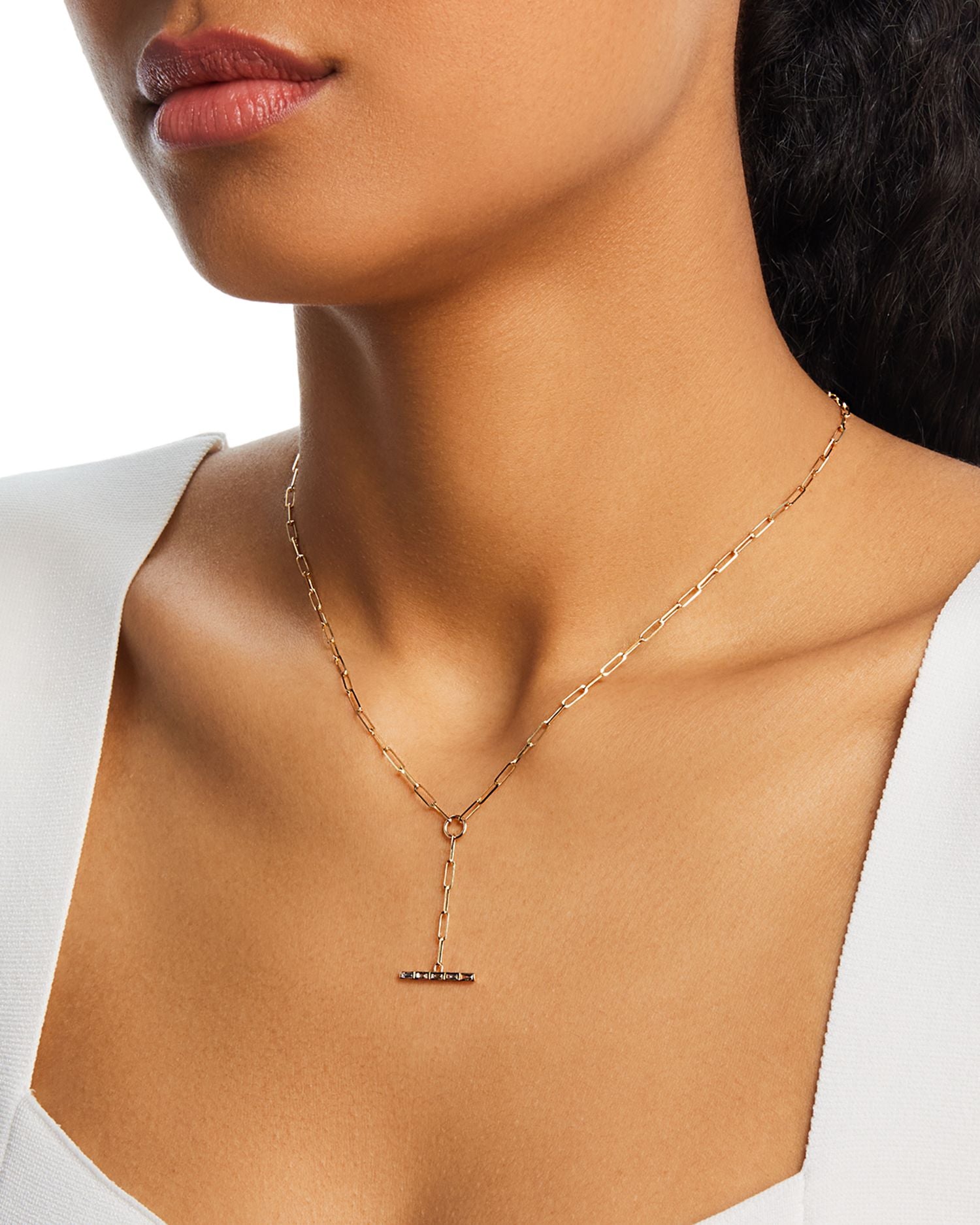 14K Yellow Gold Baguette Diamonds Diamond Paperclip Chain Faux Toggle Lariat Necklace, 16-18'
