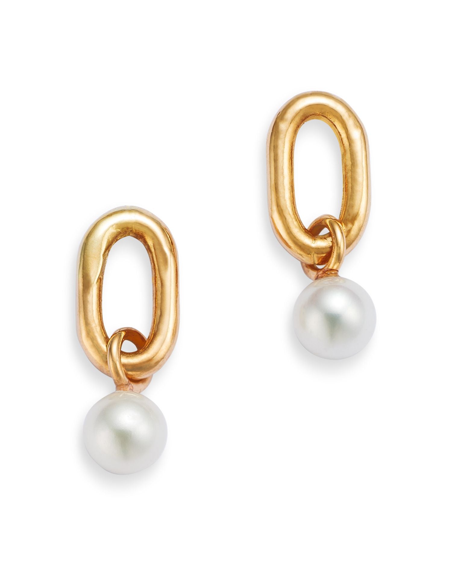 14K Yellow Gold Single XXL Square Oval Link & Pearl Drop Earrings